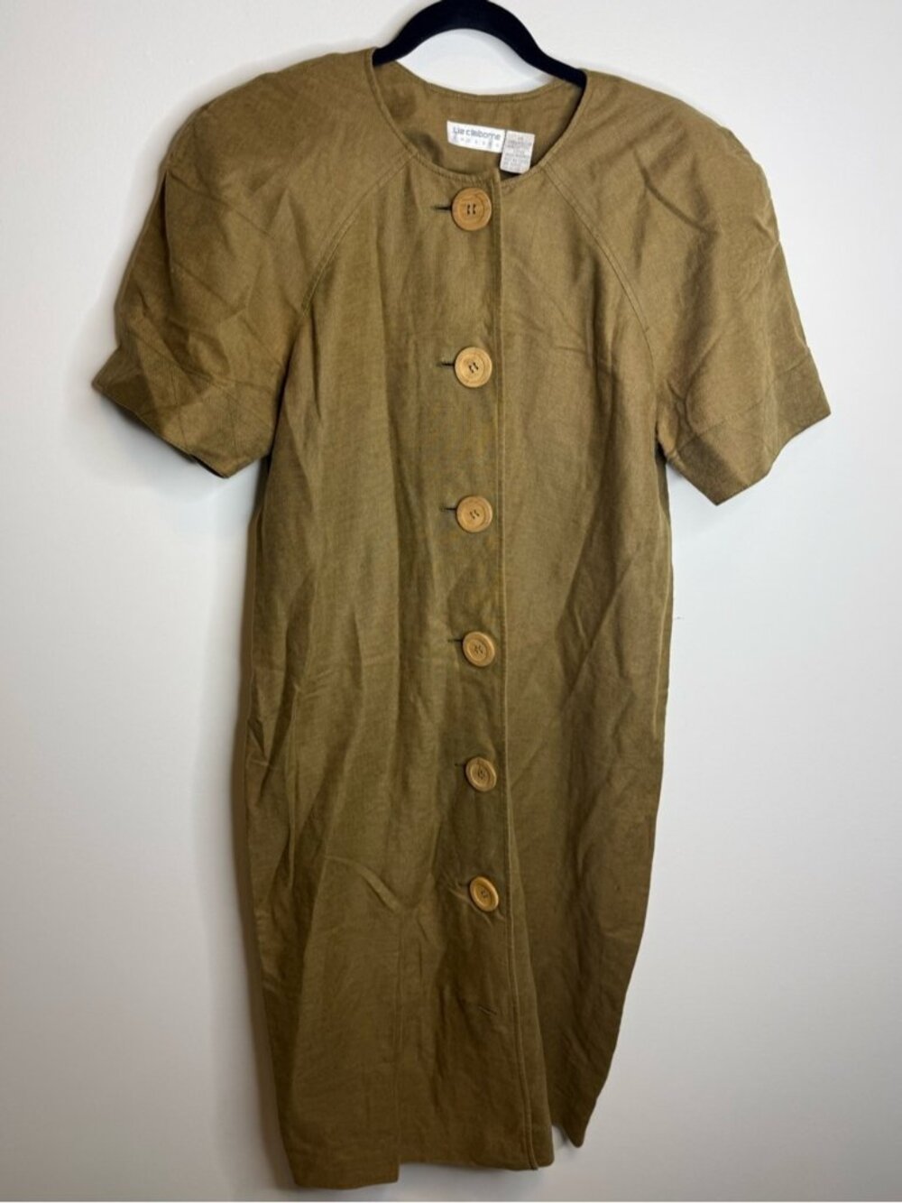 Liz Claiborne Olive Button-Down Short Sleeve Midi Dress linen cotton vintage 14